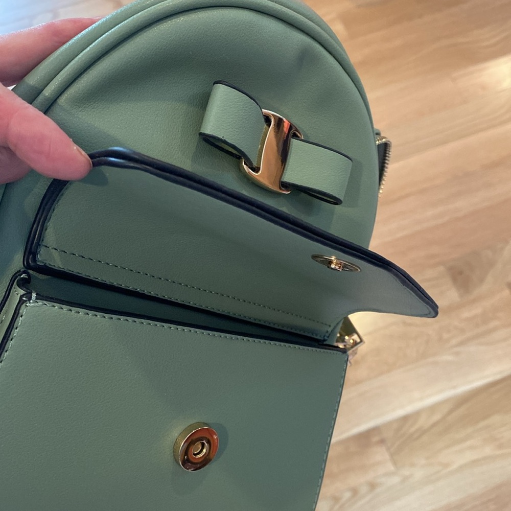 Mini backpack purse, bow detail, light Spanish olive, like new